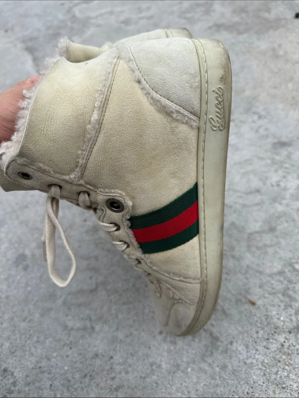 Gucci Beige High-Top Sneakers with Red and Green Stripe